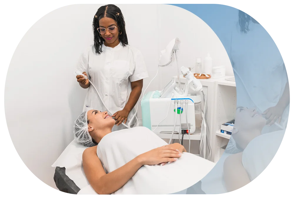 A client receiving advanced aesthetic treatment in a modern clinic, symbolizing skin rejuvenation, body confidence, and luxury personalised care.